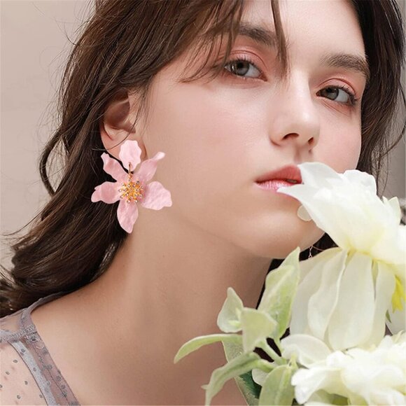 Unique Bohemian Oversized Acrylic Resin Flower Dangle Drop Earrings Retro Large - Picture 5 of 6